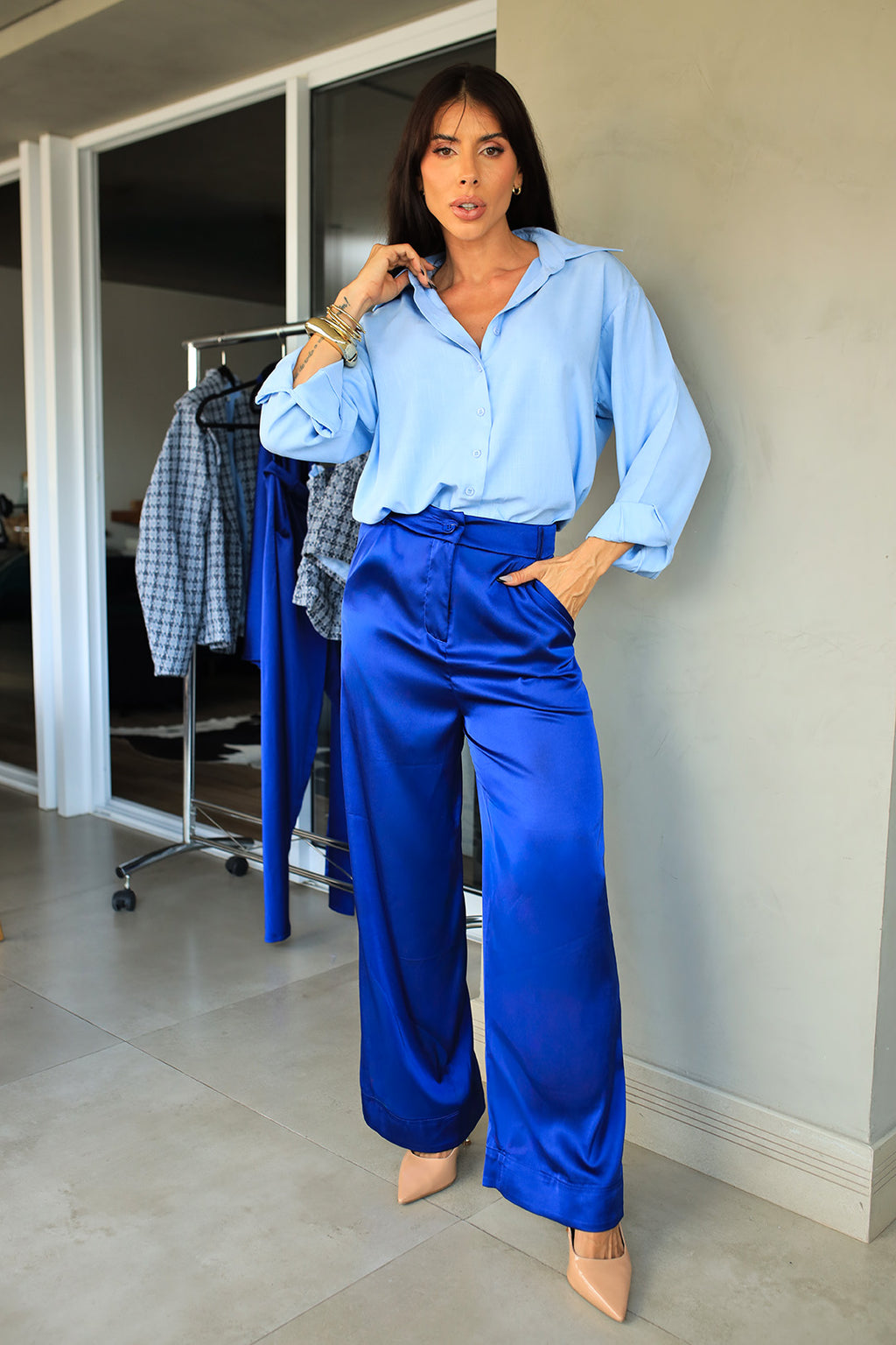 Calça Pantalona Ana Cetim Azul Royal
